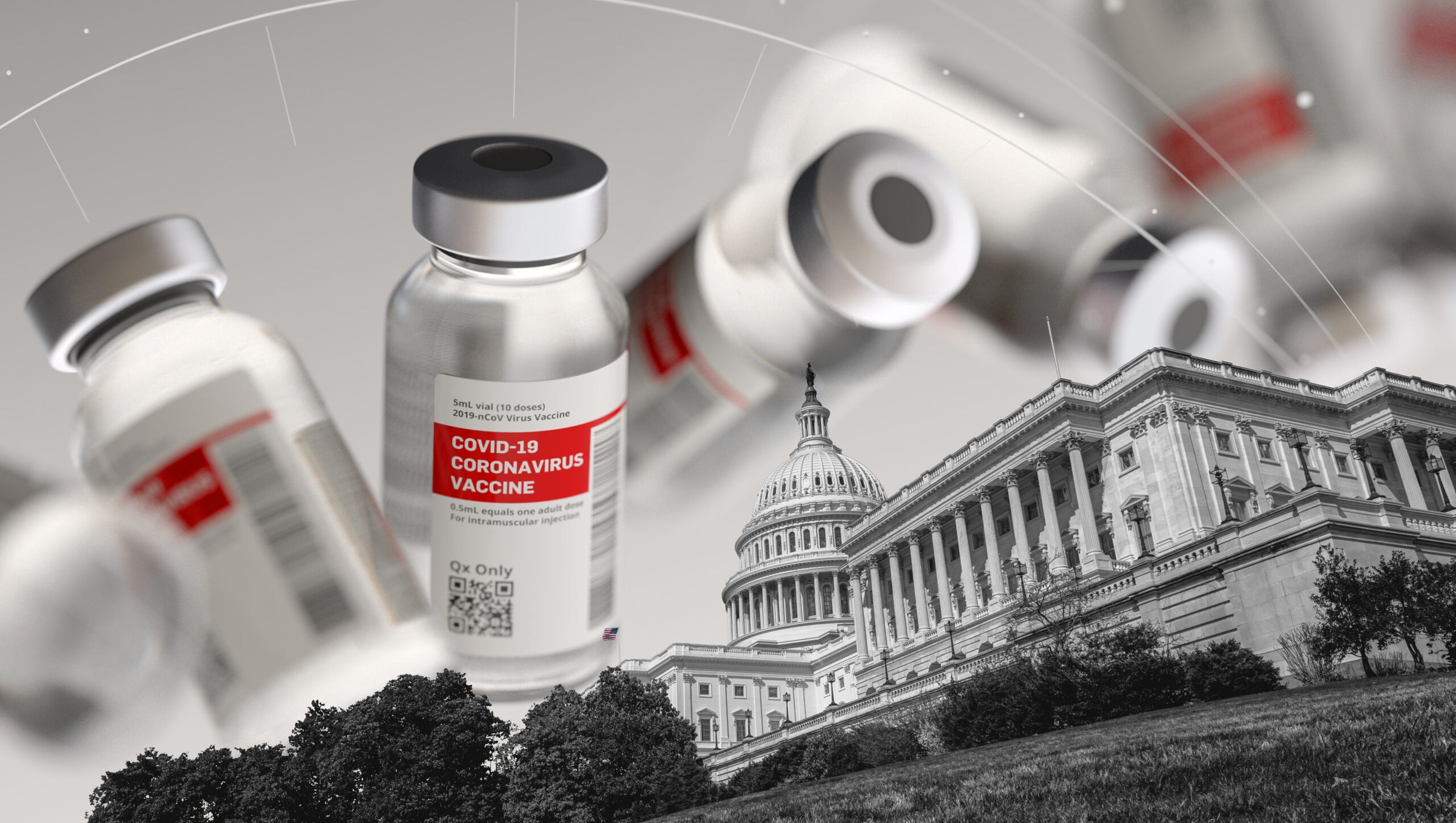 Capitol Hill blood test vials during covid-19 pandemic Capitol Hill COVID-19 vaccine, abstract USA coronavirus pandemic concept, State Building Washington DC, USA, 3d illustration