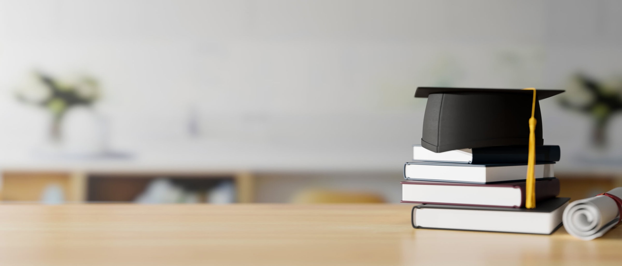 Graduation concept, 3D rendering, graduation cap on stack of books on the table with copy space and blurred background Graduation concept, 3D rendering, graduation cap on stack of books on wooden table with copy space and blurred background, 3D illustration