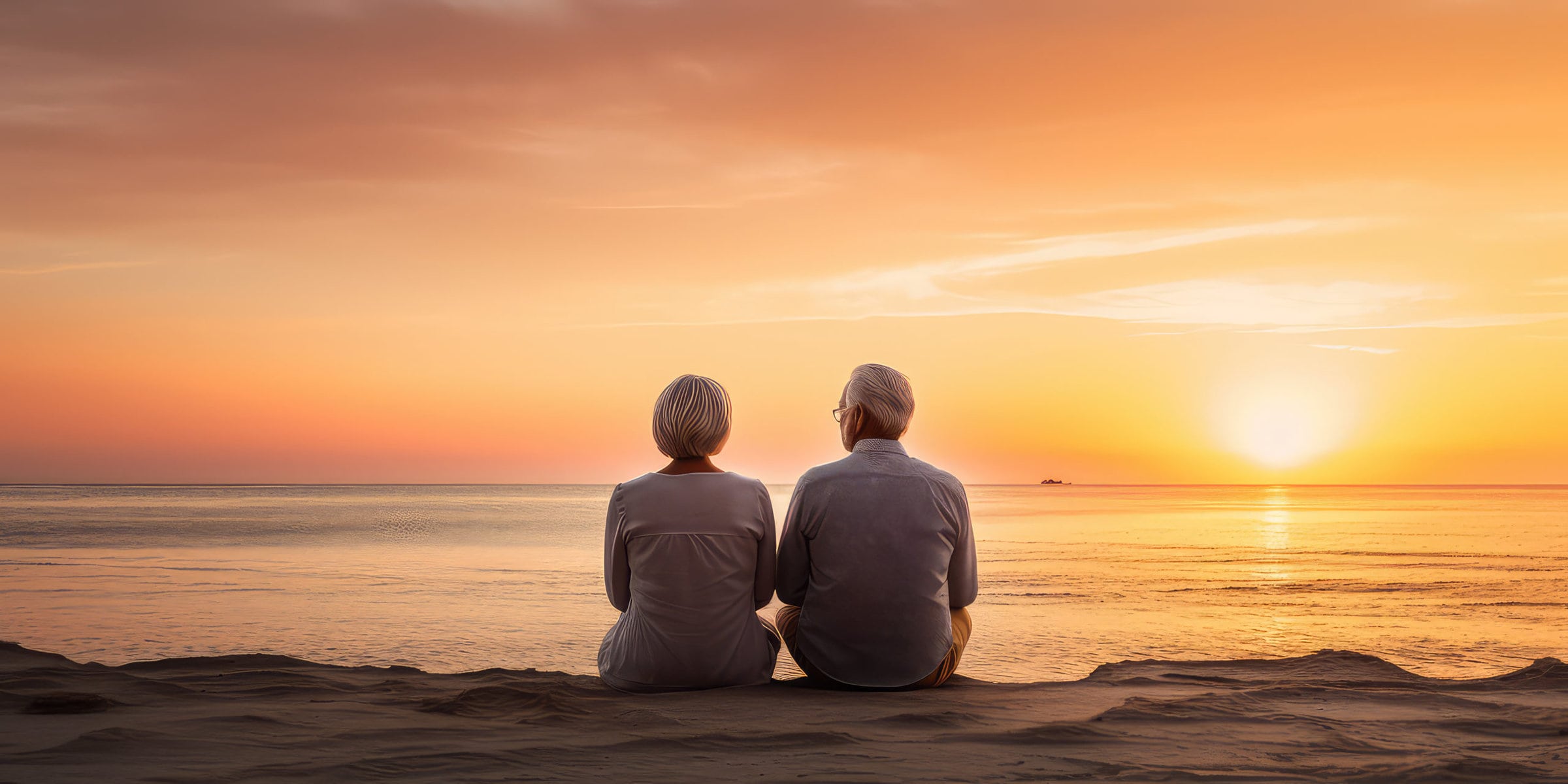 Senior couple sitting on the sandy beach and looking at the sea sunset. Meet old age at the seaside, a tourism concept.
