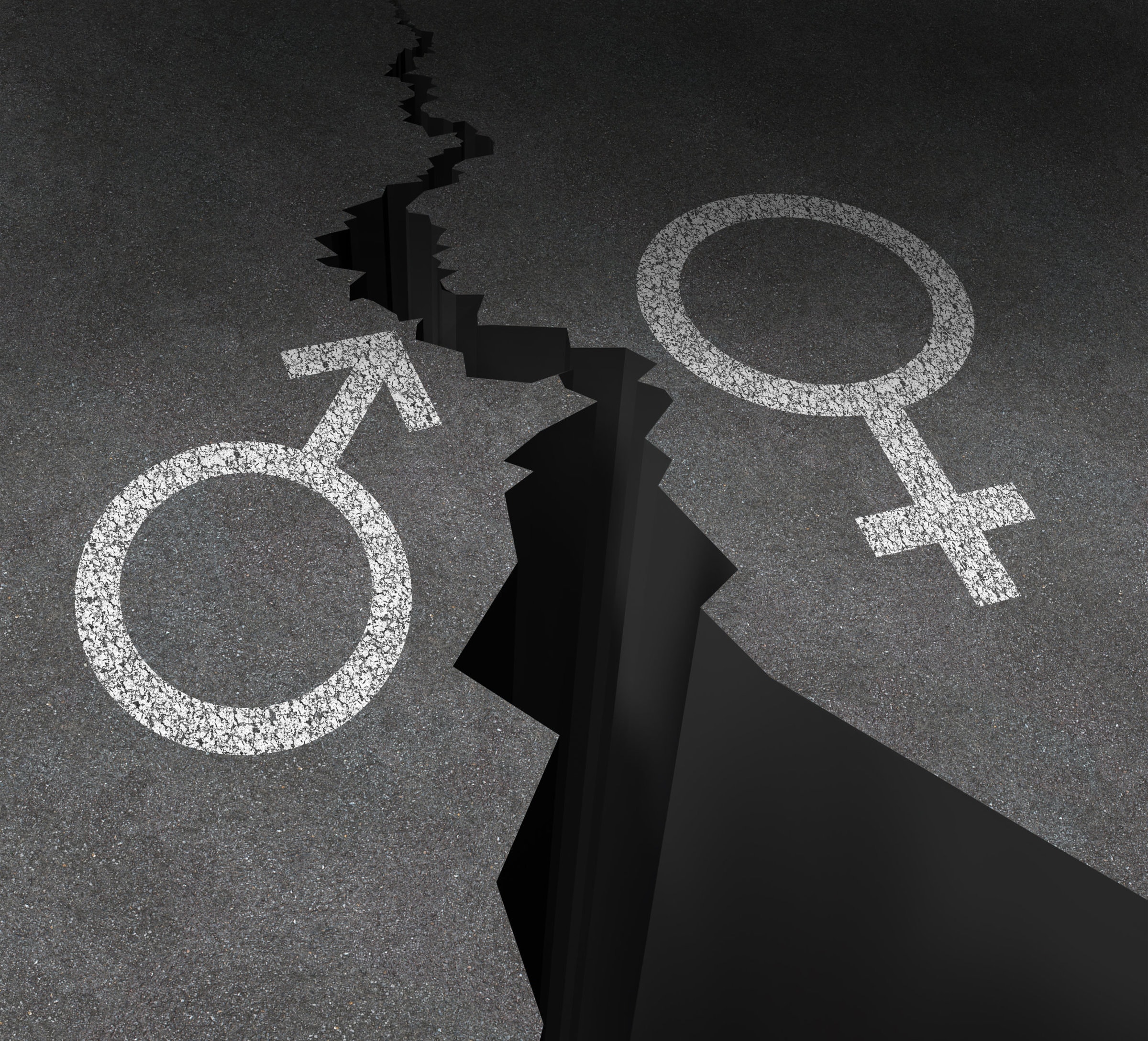 Gender Gap Gender gap and sex inequality concept as a male and female symbol painted on an asphalt road that is cracked in two as a metaphor for pay or wages inequity or divorce.