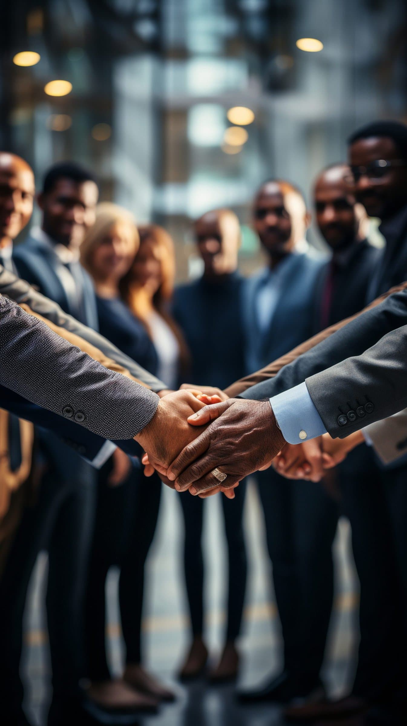 Diverse business team huddling together in a show of solidarity and inspiration. A diverse corporate team huddles in support and inspiration while joining hands.