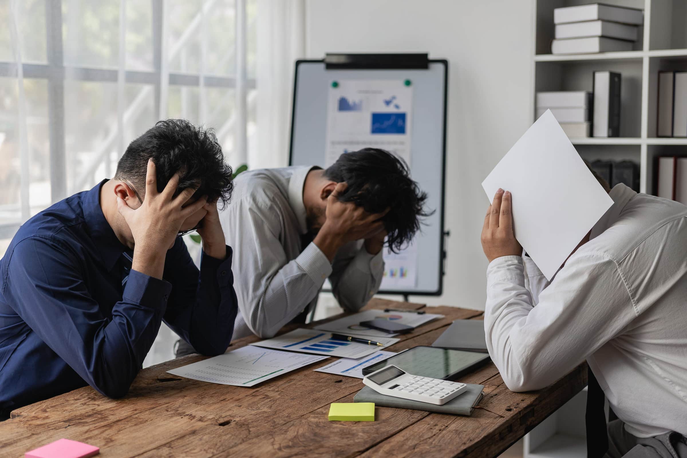 Two asian businessmen feeling tired Upset or sad because of job stress or a loss in the stock market in the office. Two asian businessmen feeling tired Upset or sad because of job stress or a loss in the stock market in the office.