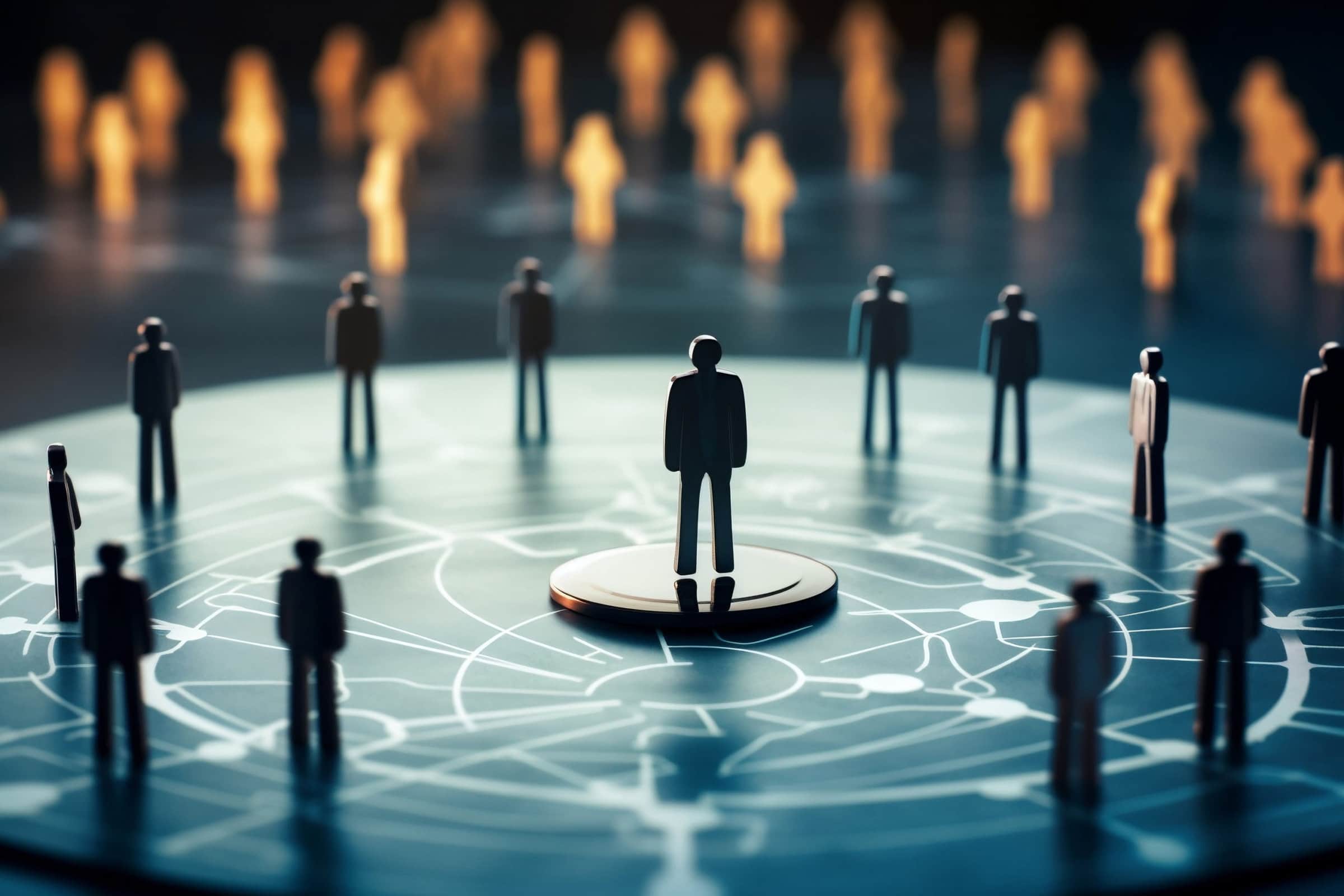 Human resource management and recruitment business concept. One person standing in epicenter. AI generated.