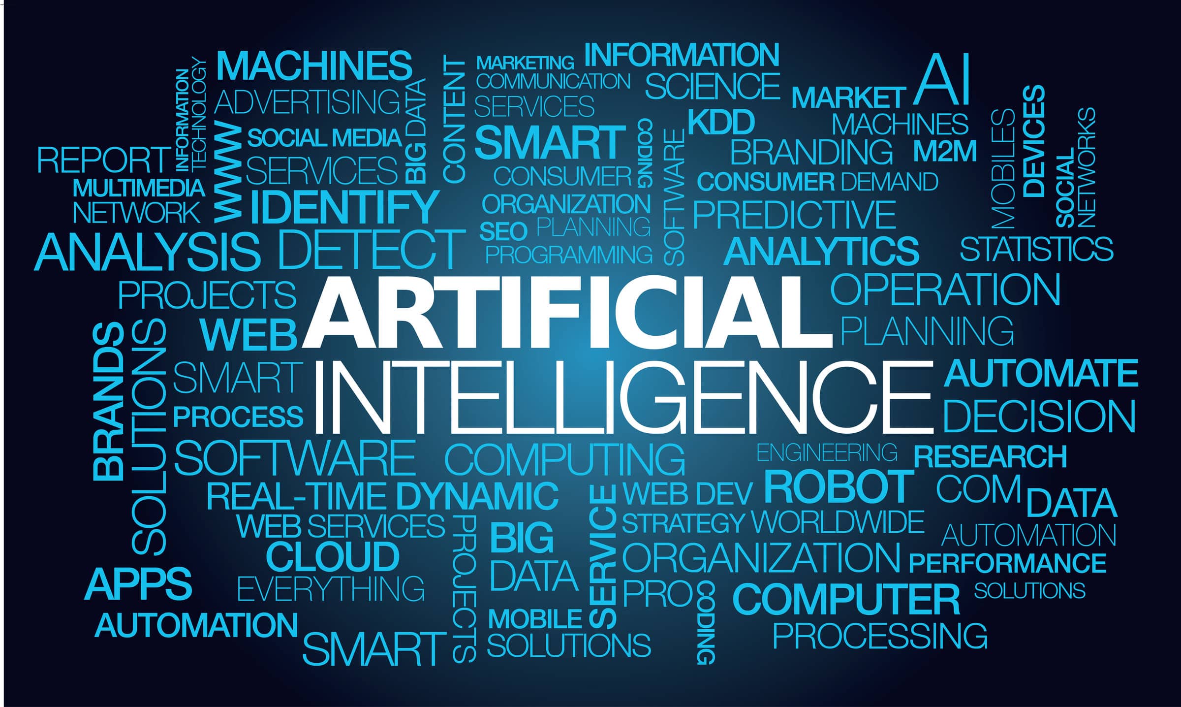 Artificial intelligence (AI) words tag cloud text machines software Artificial intelligence (AI) words tag cloud text machines software