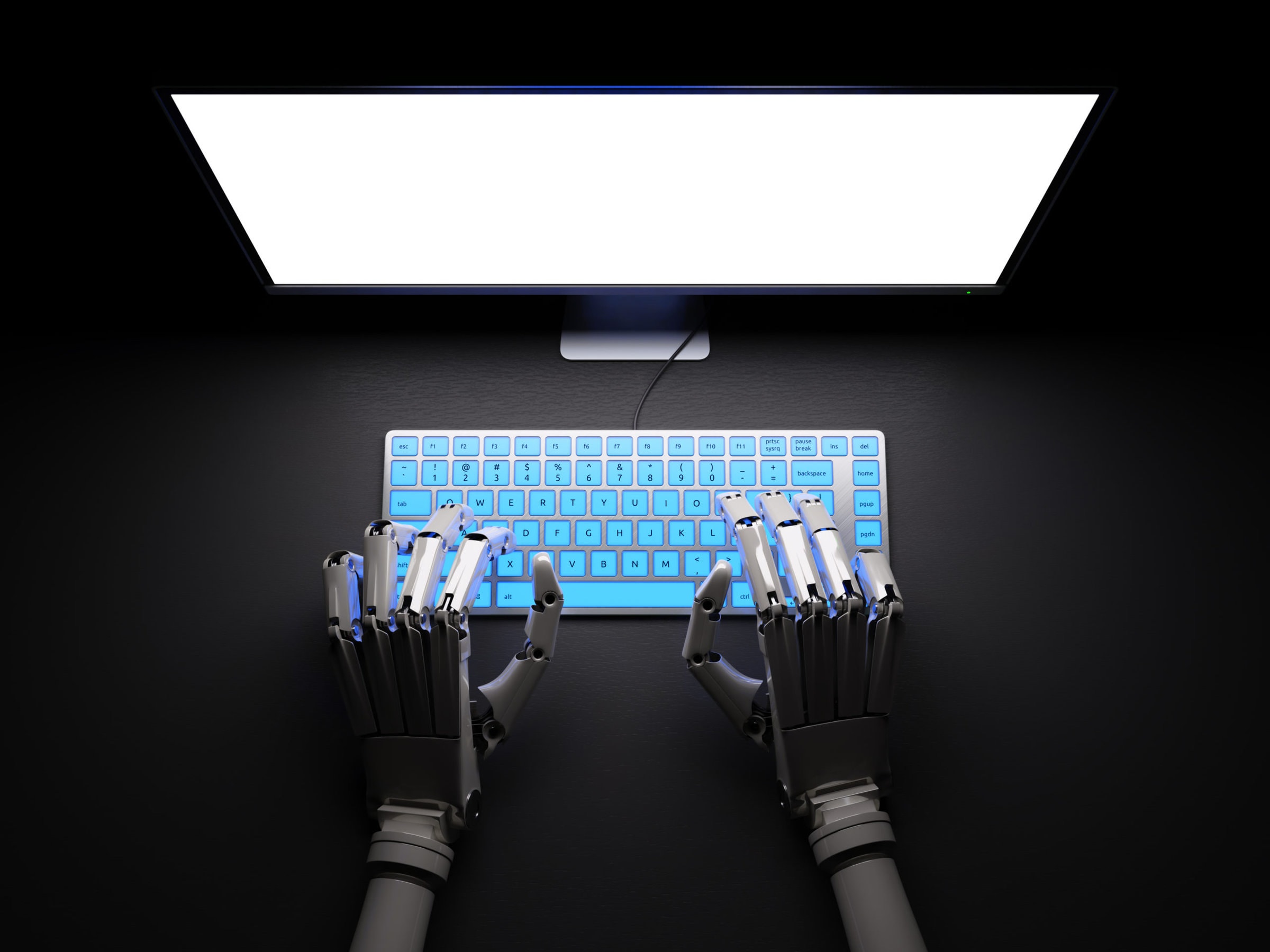 Robot typing on pc in darkness 3d illustration Robot typing on fluorescent keyboard with bright white screen 3d illustration