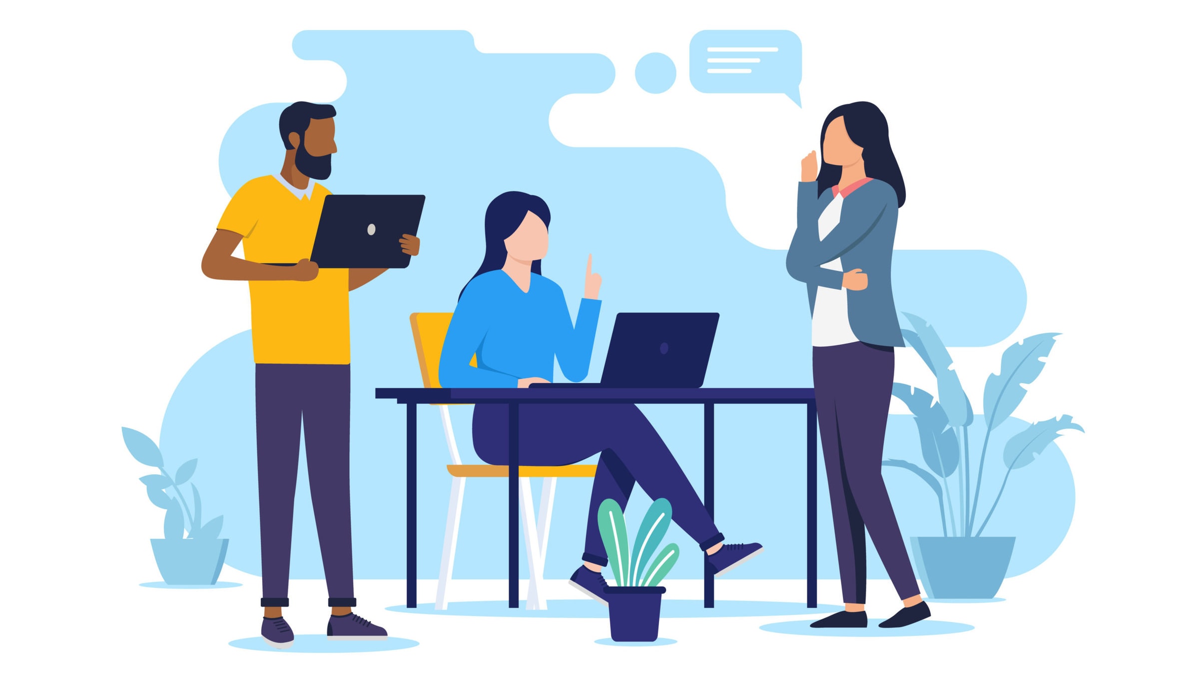 Office talk at desk - Team of businesspeople working with computers having conversation and dialogue together at work. Flat design vector illustration with white background Office talk at desk - Team of businesspeople working with computers having conversation and dialogue together at work. Flat design vector illustration with white background