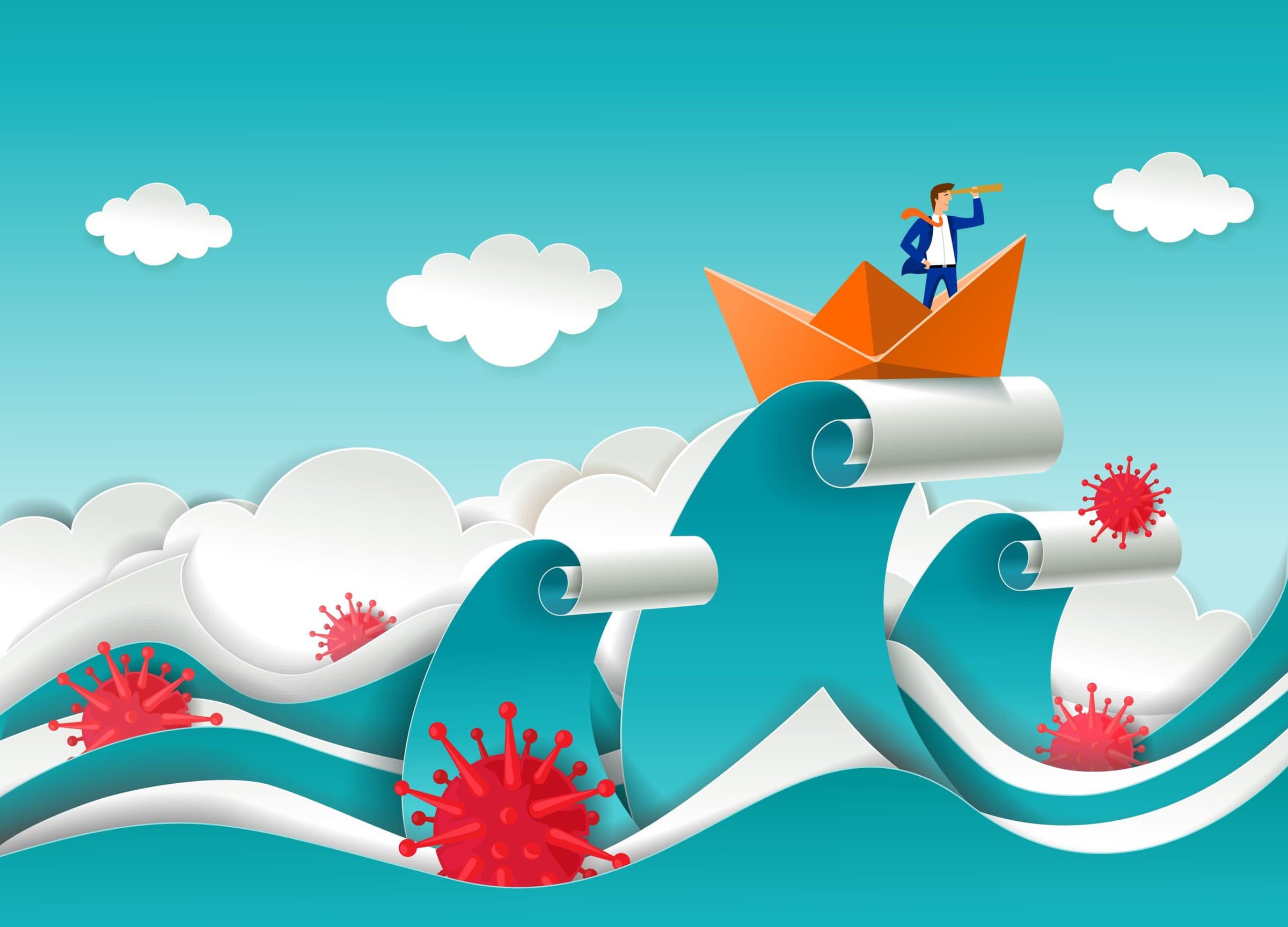 Businessman in boat looking through telescope on the top of ocean wave during crisis caused by corona virus pandemic, vector paper cut illustration. Pandemic business strategy, vision, success.