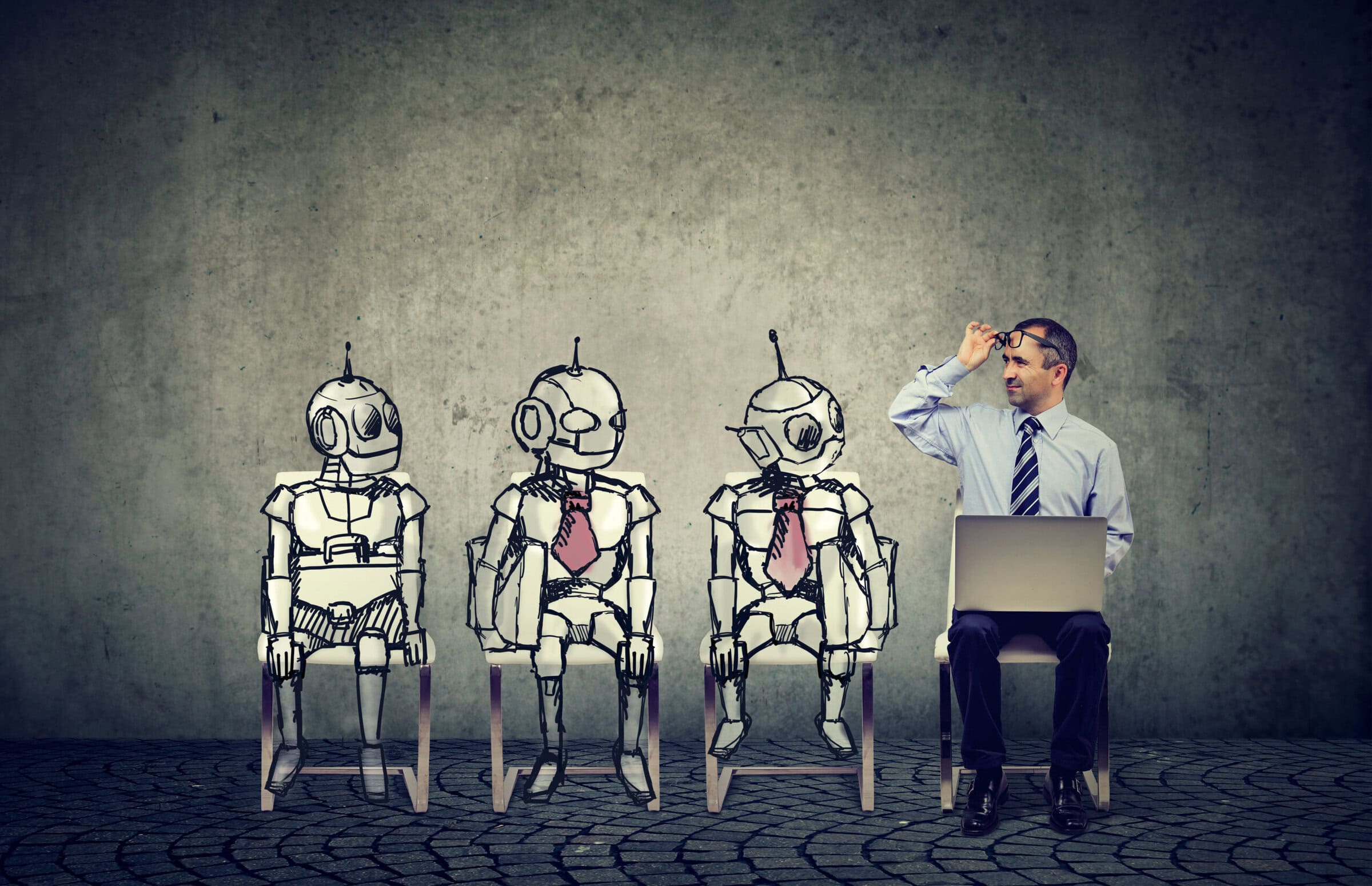 Human vs artificial intelligence concept. Business job applicant man competing with cartoon robots sitting in line for a job interview