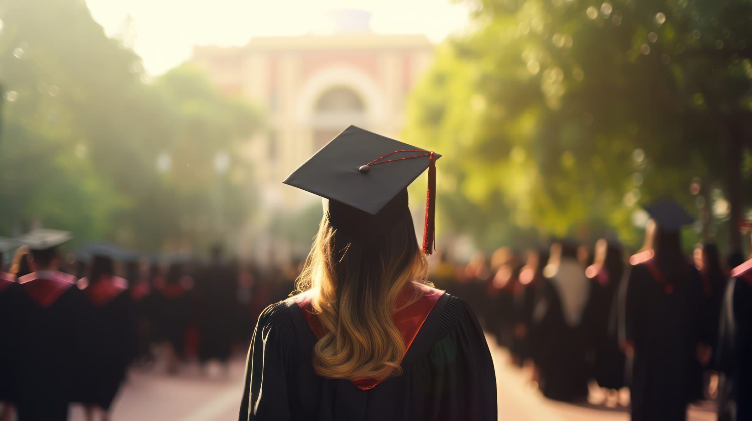 Rear view of university graduates in graduation gown and cap on admission day Rear view of university graduates in graduation gown and cap on admission day