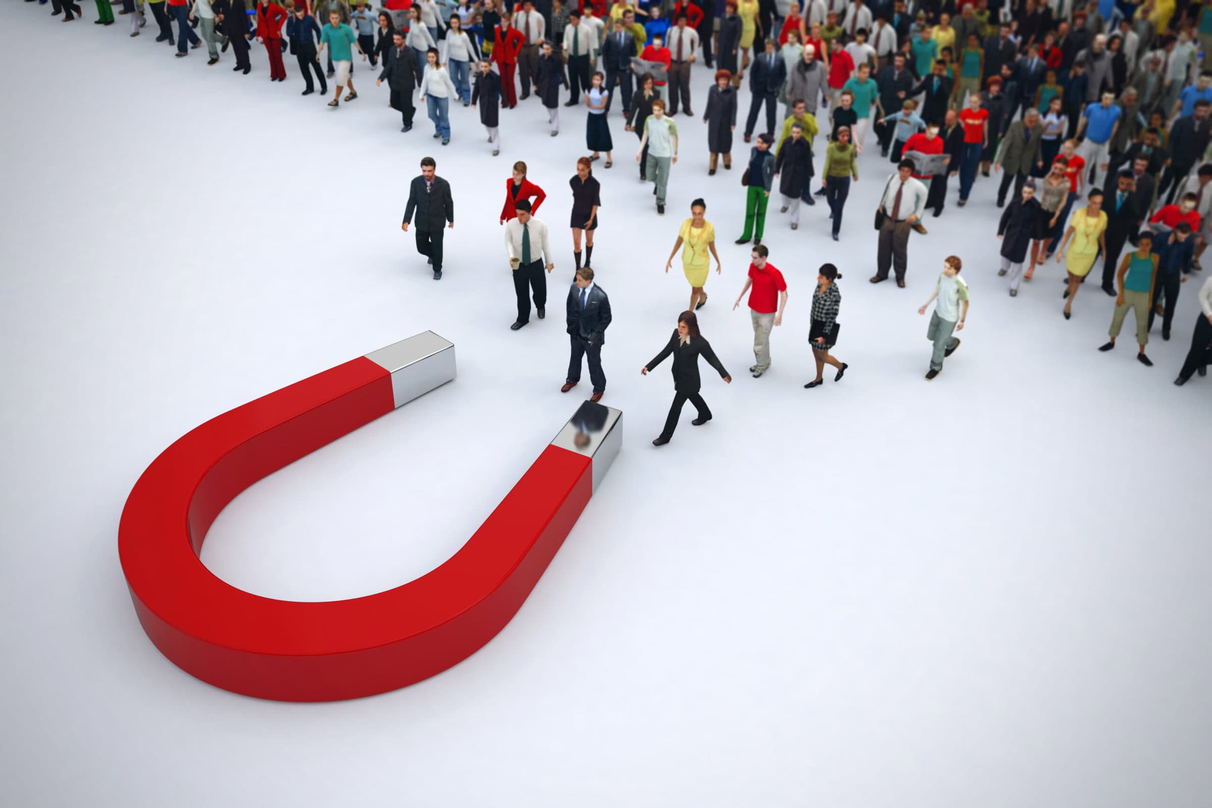 Magnet attracts people from a pile. 3D rendering
