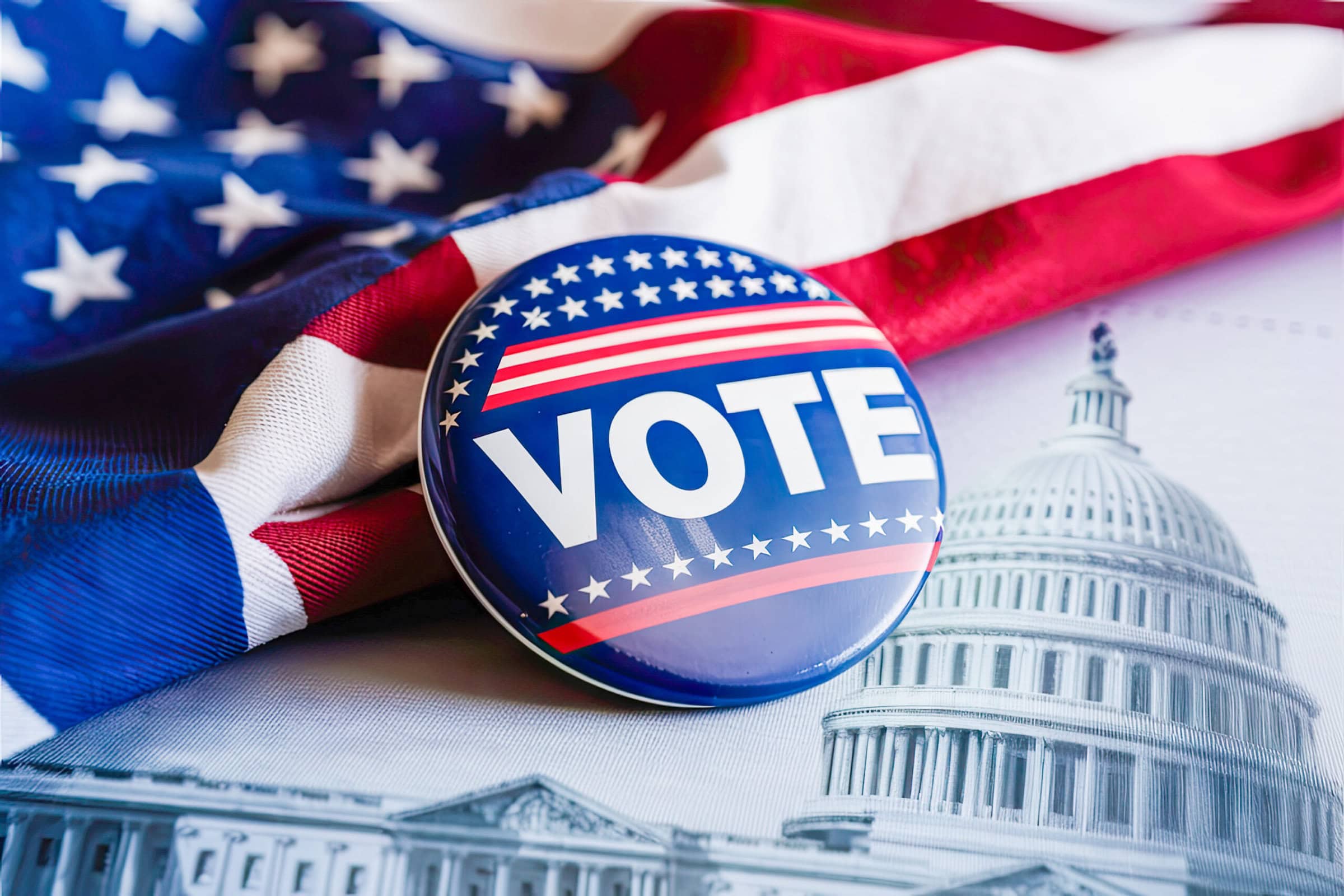Vote election badge button with text VOTE for 2024 background, lying at the American flag , vote USA 2024, 3D illustration.