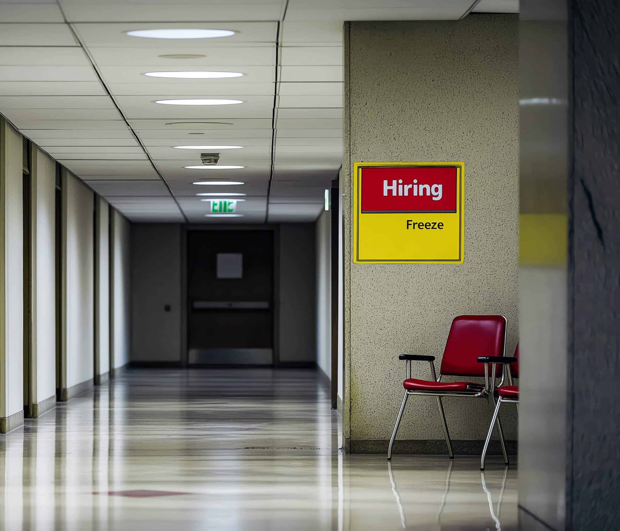 hiring freeze A deserted office building with empty desks and chairs, a "Hiring Freeze" sign on the door, symbolizing the impact of unemployment.