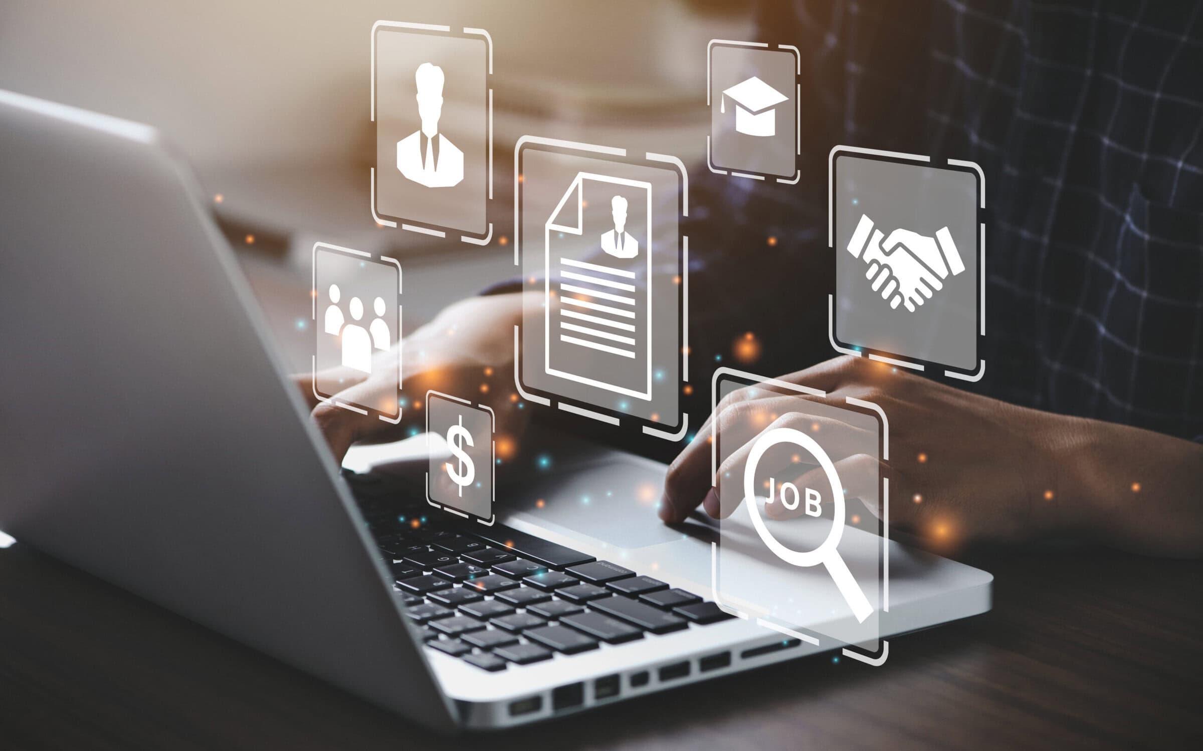 Human using a computer laptop for searching for job and fill out Human using a computer laptop for searching for job and fill out personal data on job website to file a resume and apply application to jobs on the internet. work search online concept.