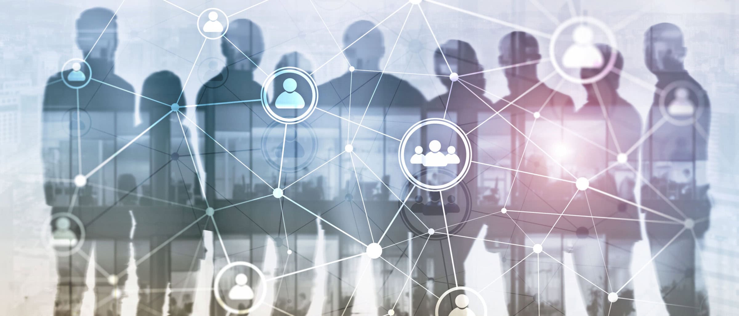 Website header banner. Double exposure people network structure HR - Human resources management and recruitment concept. Website header banner. Double exposure people network structure HR - Human resources management and recruitment concept