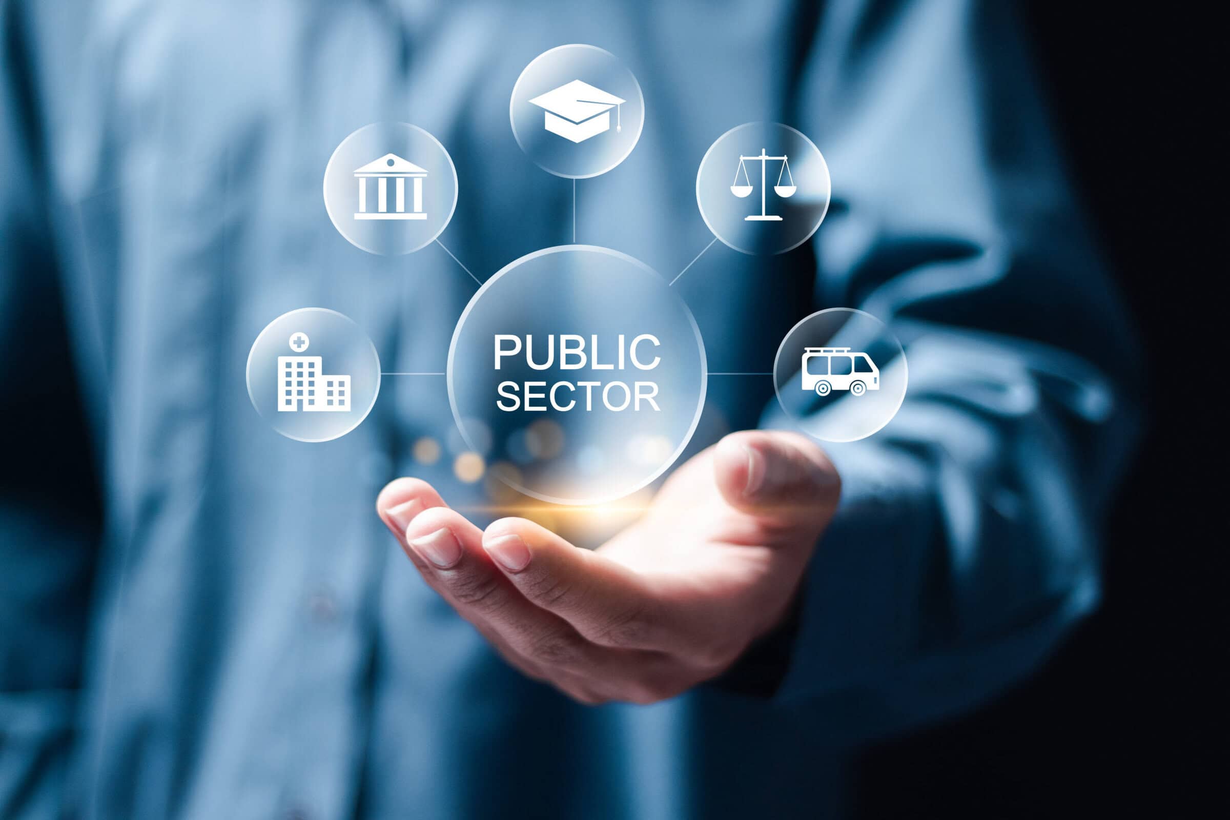 Public sector concept. government, education, health, municipal service, provide people infrastructure. Person hold public sector icon on virtual screen. Public sector concept. government, education, health, municipal service, provide people infrastructure. Person hold public sector icon on virtual screen.