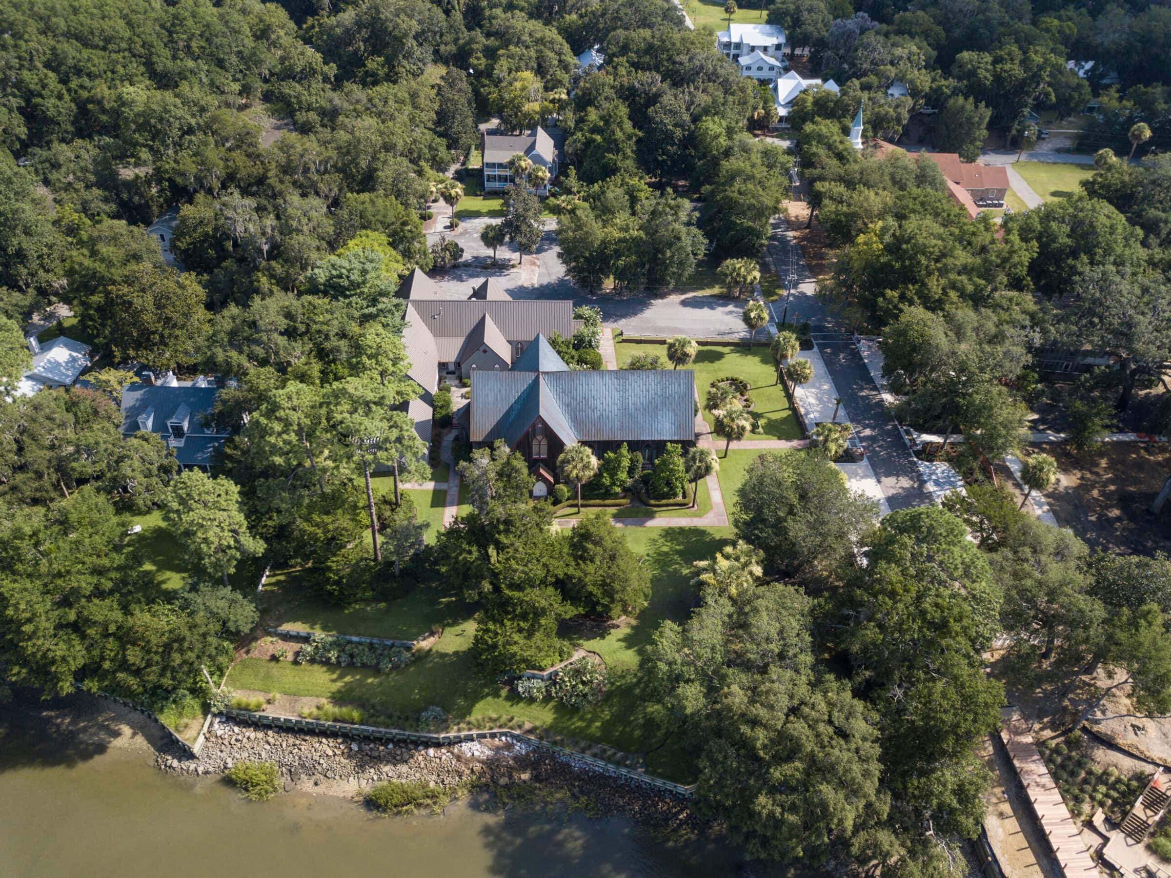 Aerial view of Bluffton, South Carolina including historic houses and Church of the Cross. Aerial view of Bluffton, South Carolina including historic houses and Church of the Cross.