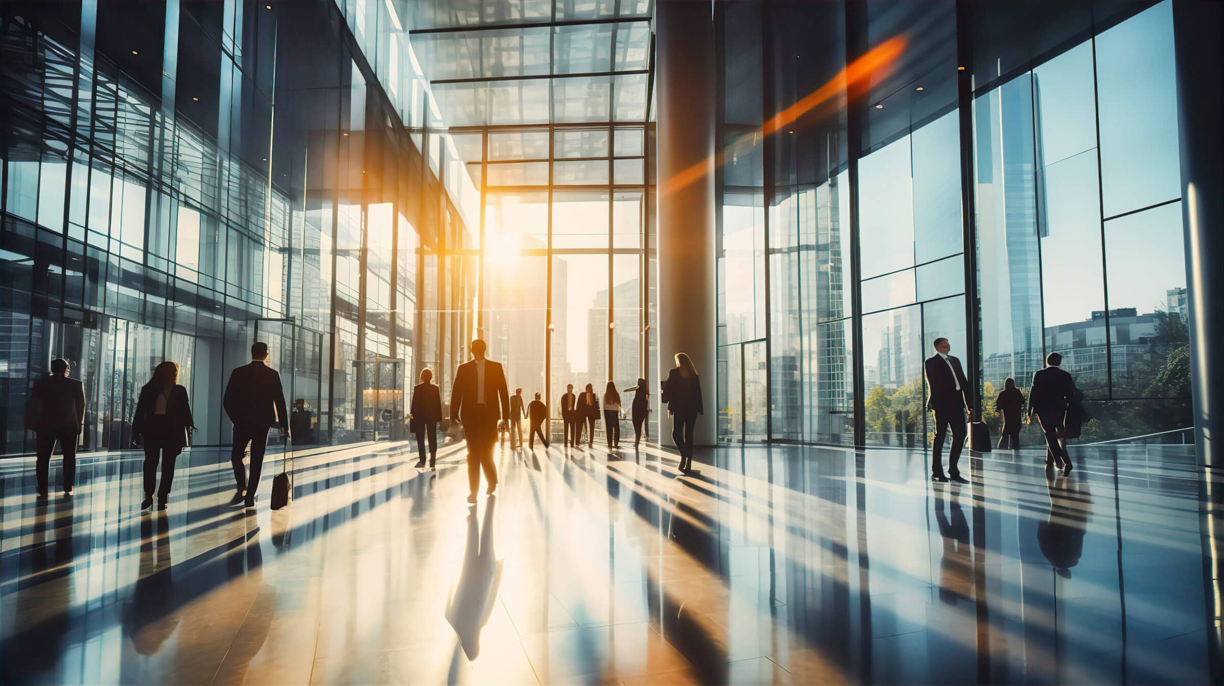Business people walking in big glass lobby with beautiful morning sun lights reflection. Office skyscraper entrance hall Business people walking in big glass lobby with beautiful morning sun lights reflection. Office skyscraper entrance hall