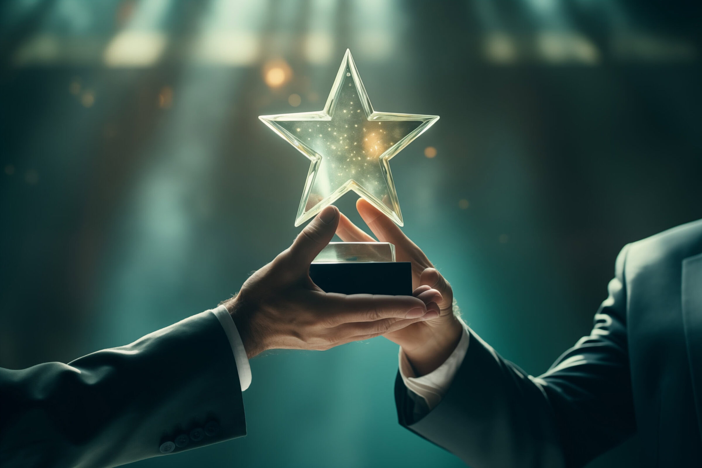 Close-up view of a sparkling star trophy being awarded to a person