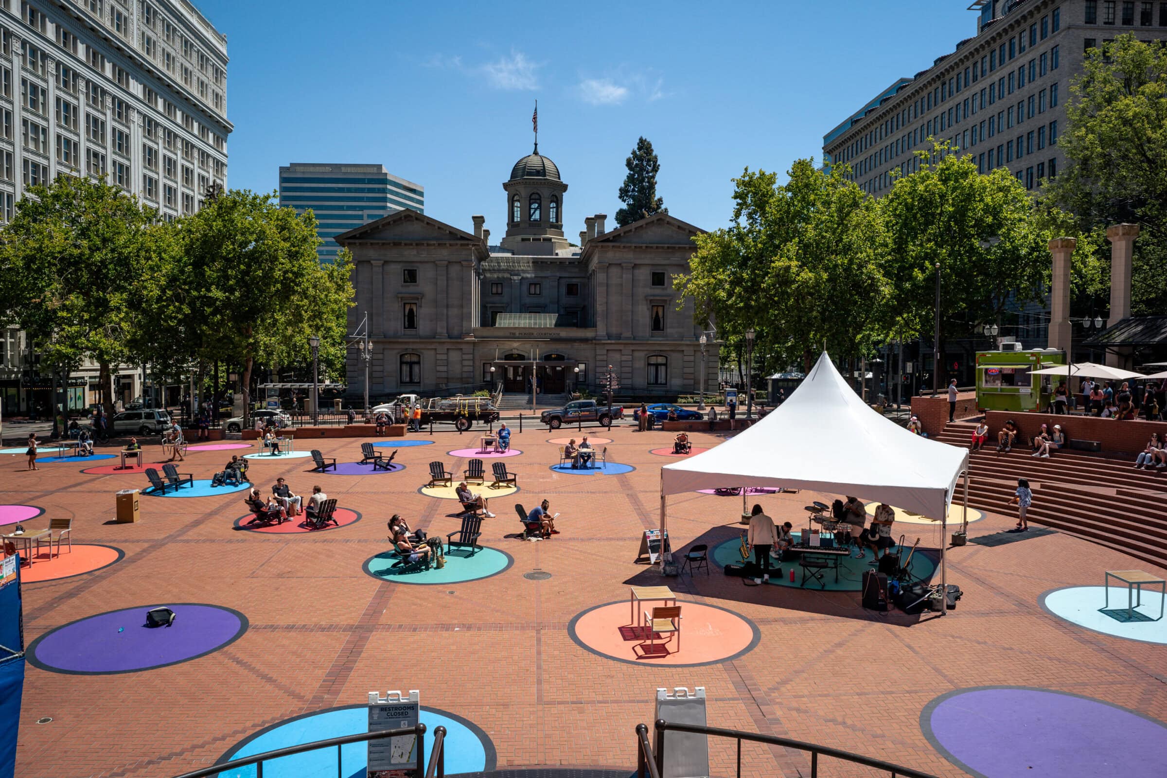 Pioneer Courthouse Square, also known as Portland's living room, is a public space occupying a full 40,000-square-foot city block in the center of downtown Portland, Oregon, United States