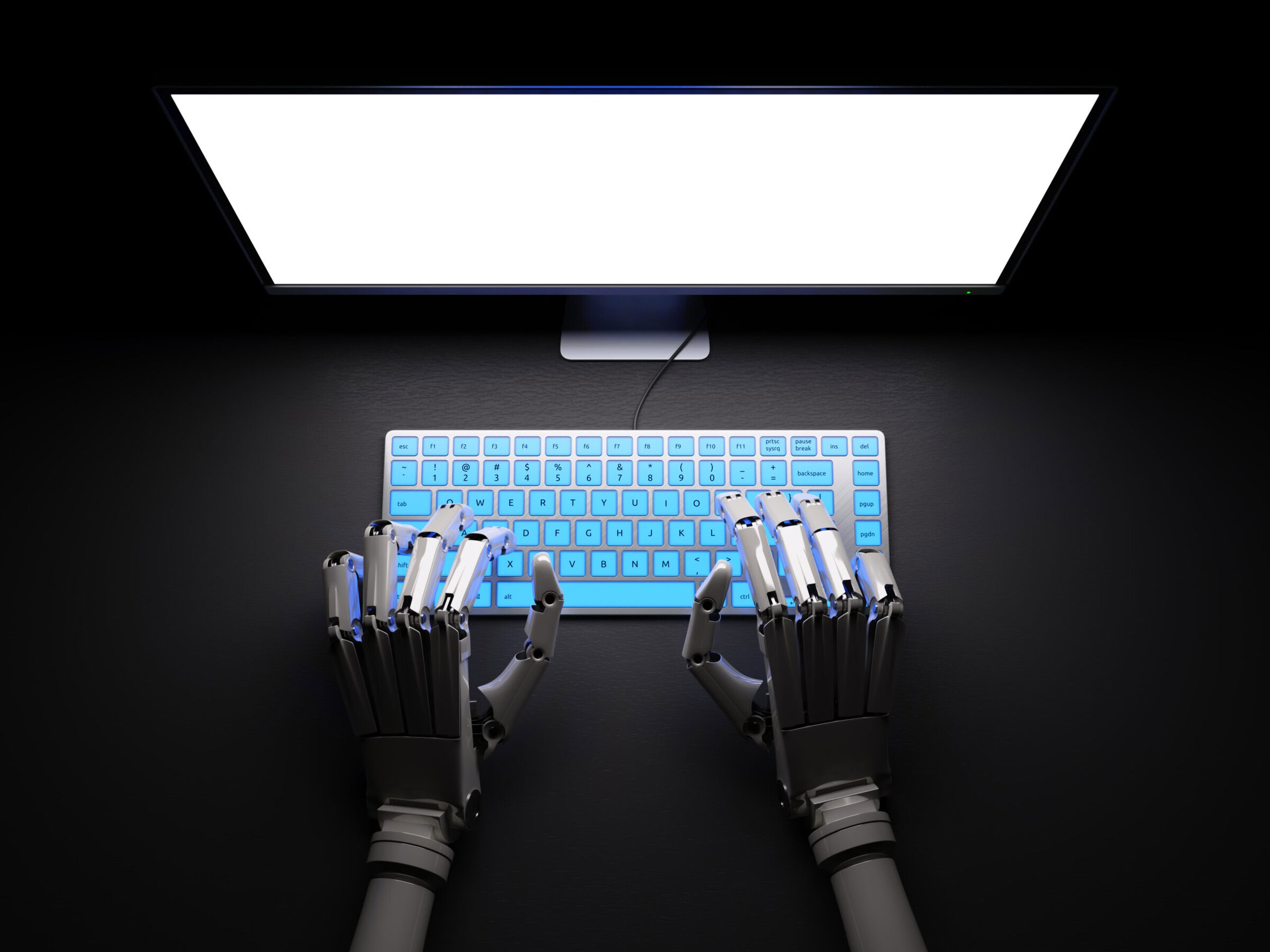 Robot typing on fluorescent keyboard with bright white screen 3d illustration