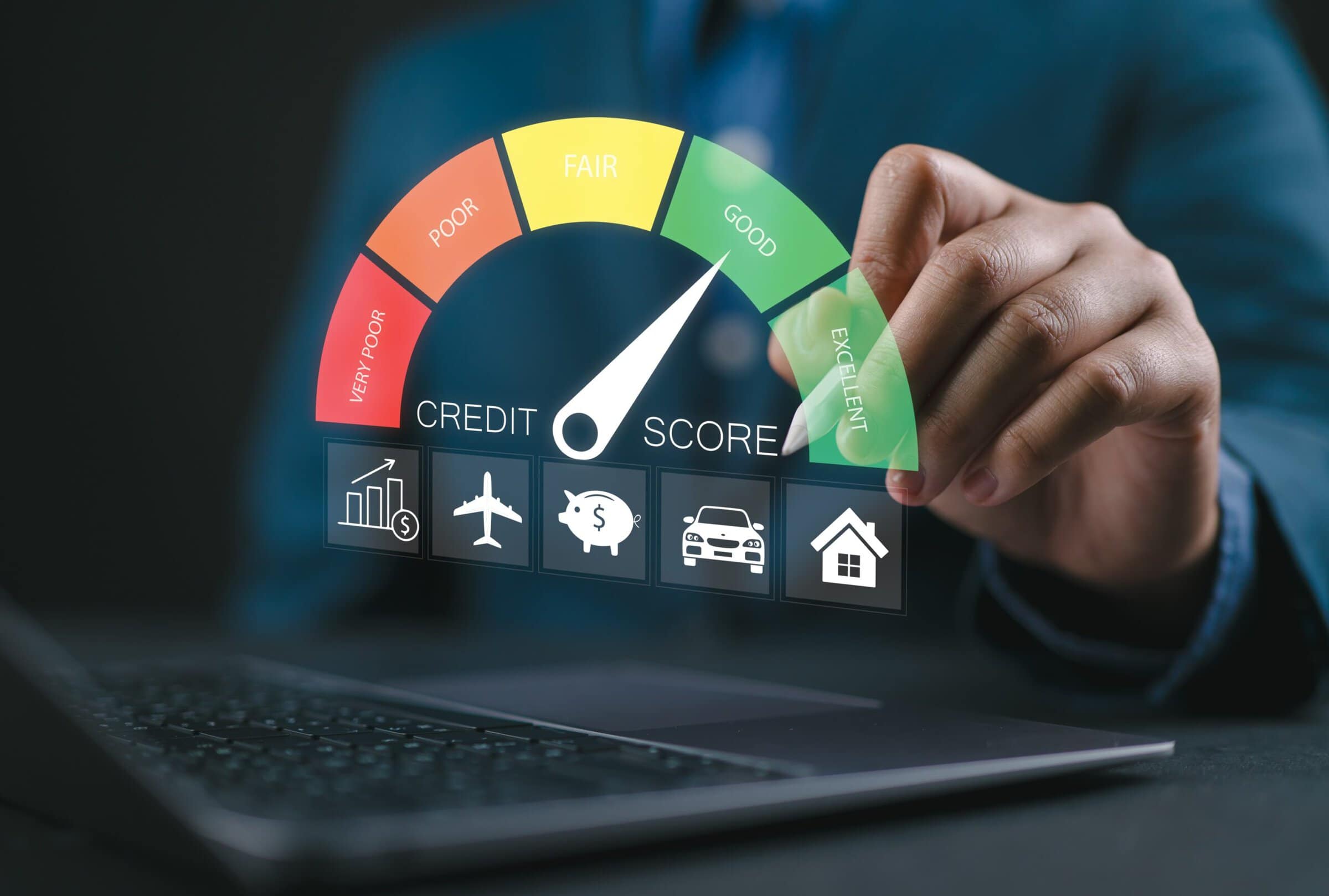 credit score Evaluation of credit score. Analyst evaluates customer finance statistical data with credit score icon. Credit behavior reports. Online check for a personal loan, auto loan, mortgage, payment card.