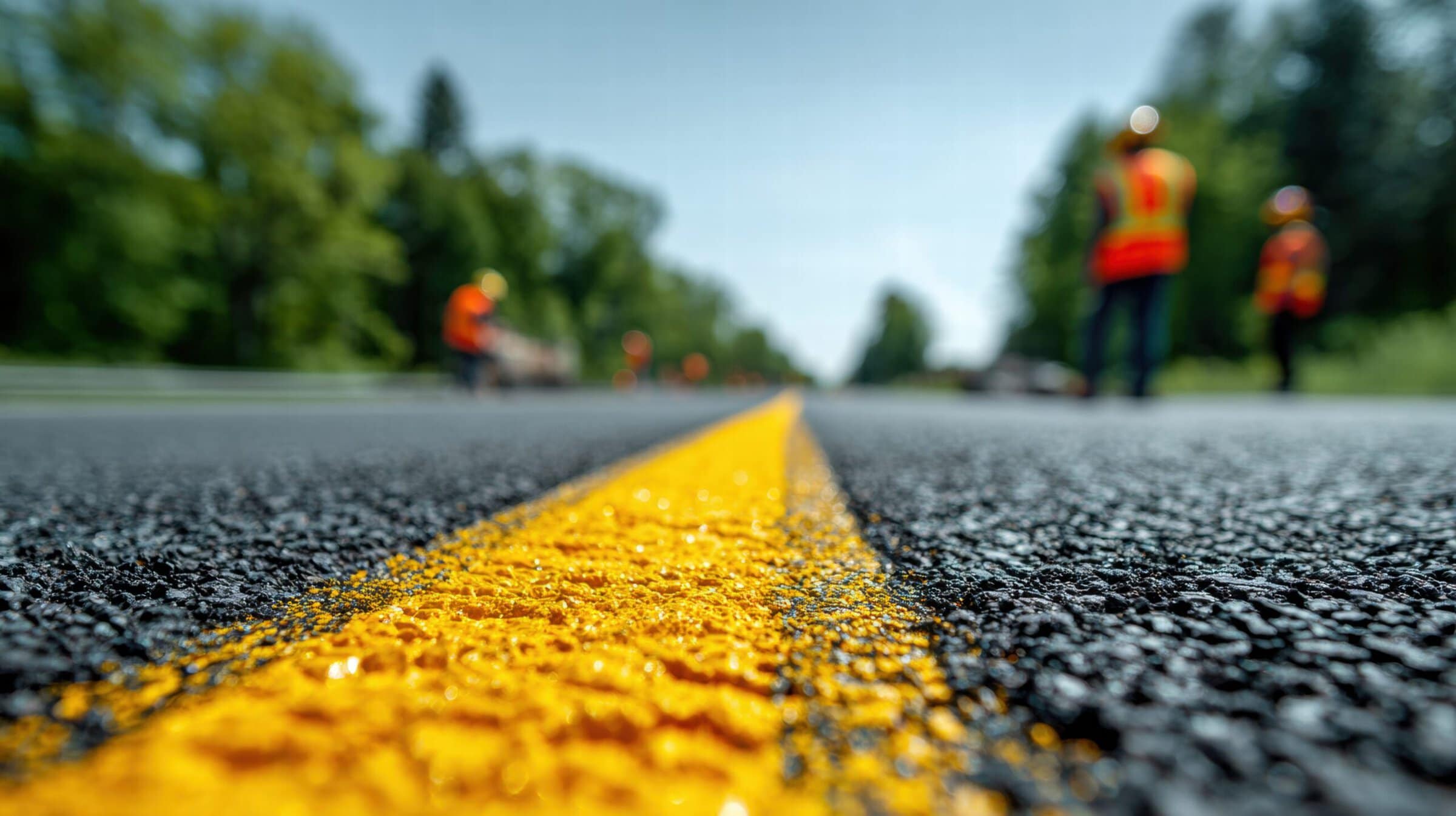 Road workers in safety vests are seen painting a yellow line on a newly paved road, with trees in the background.