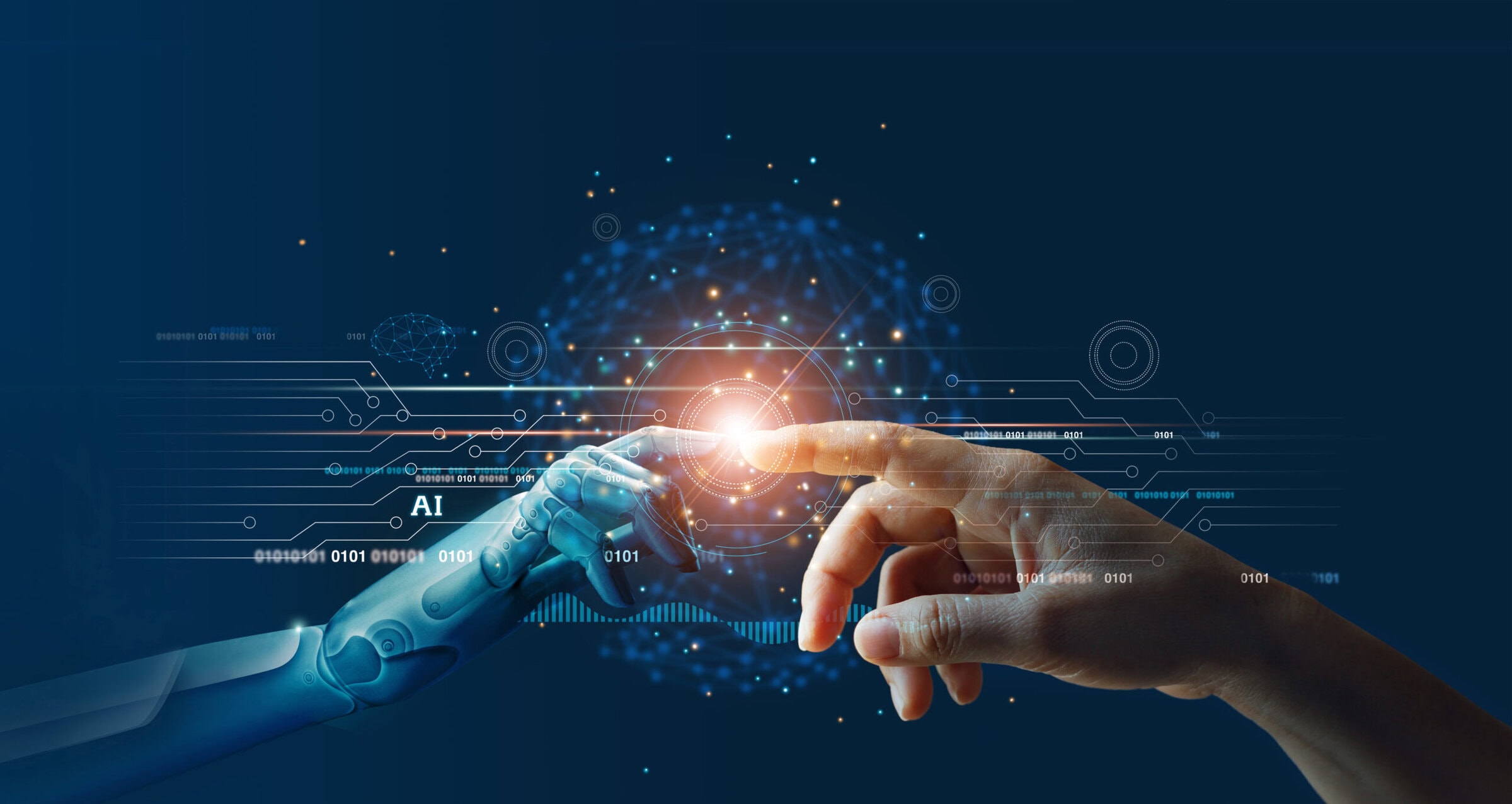 AI, Machine learning, Hands of robot and human touching on big d AI, Machine learning, Hands of robot and human touching on big data network connection background, Science and artificial intelligence technology, innovation and futuristic.