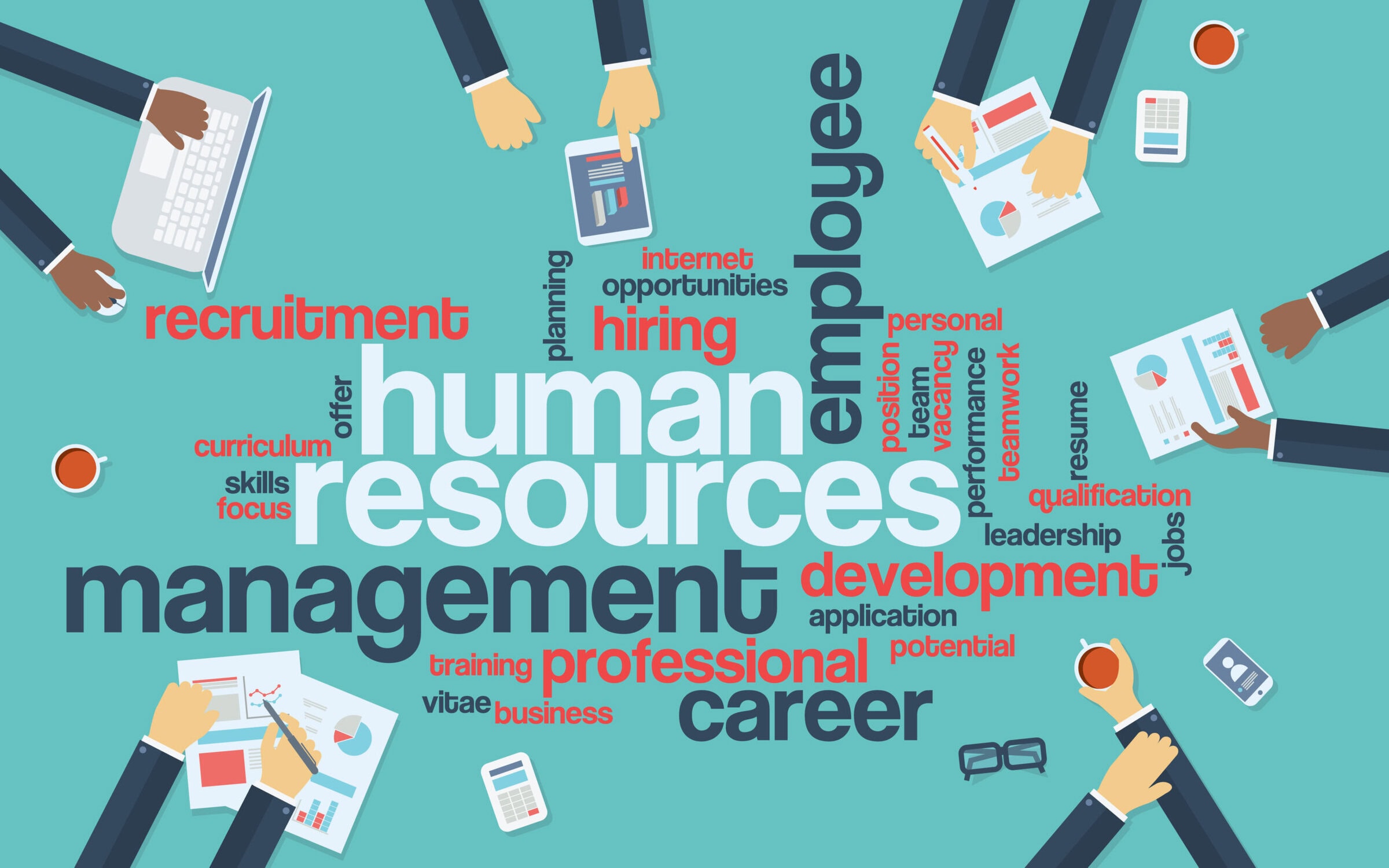 Human resources flat design infographics with word cloud. Recruitment and career development presentation. Eps10 vector illustration.
