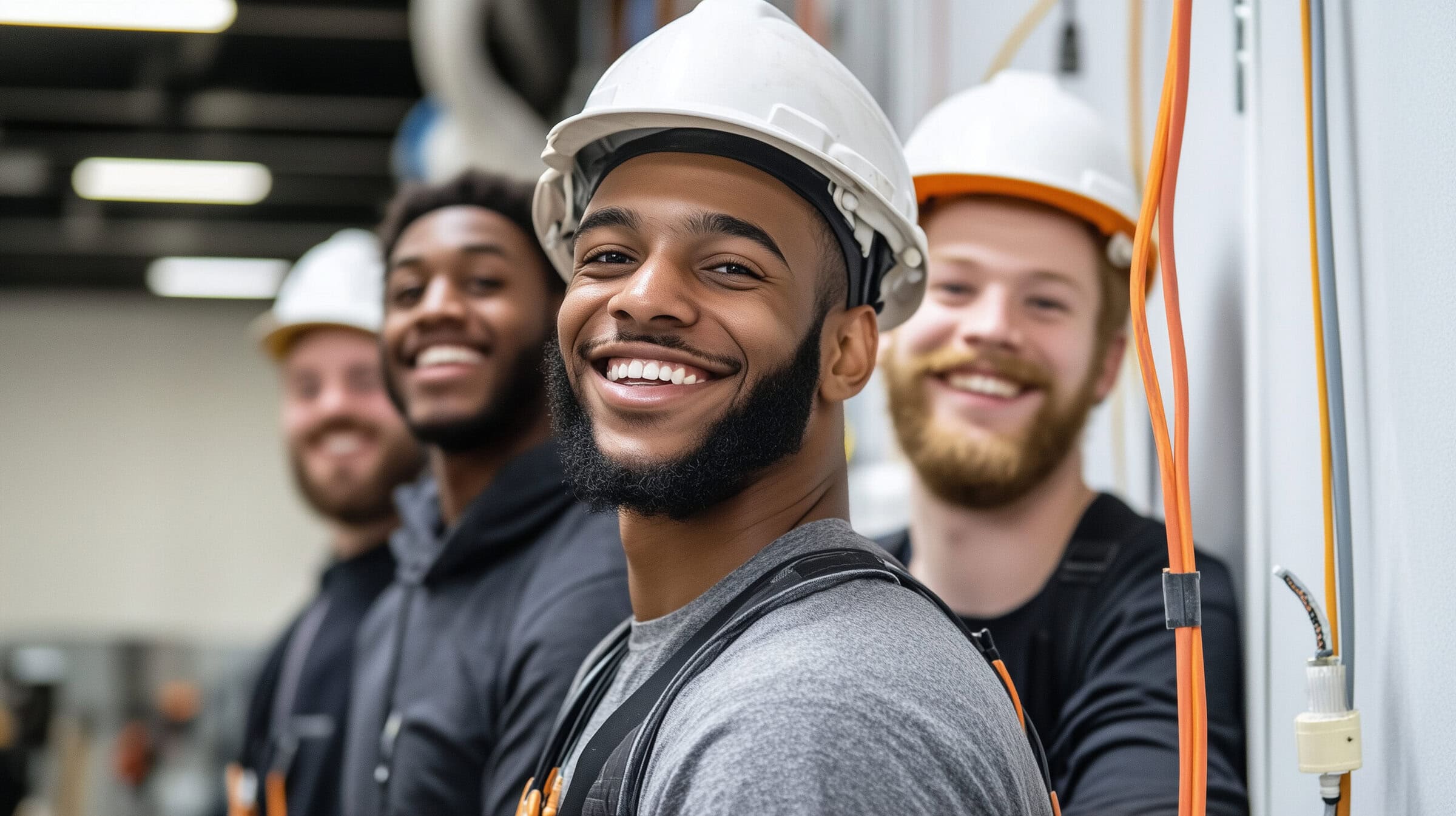 A cheerful group of electrician students standing by their completed wiring project, wearing protective gear and proudly showing their work in a spacious training lab.