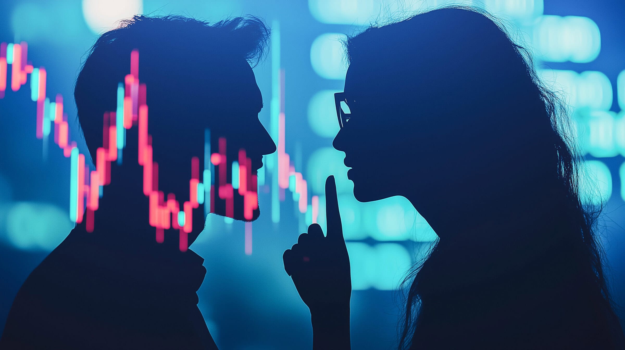 People exchanging secrets against a digital financial background, insider trading concept. People exchanging secrets against a digital financial background, insider trading concept.