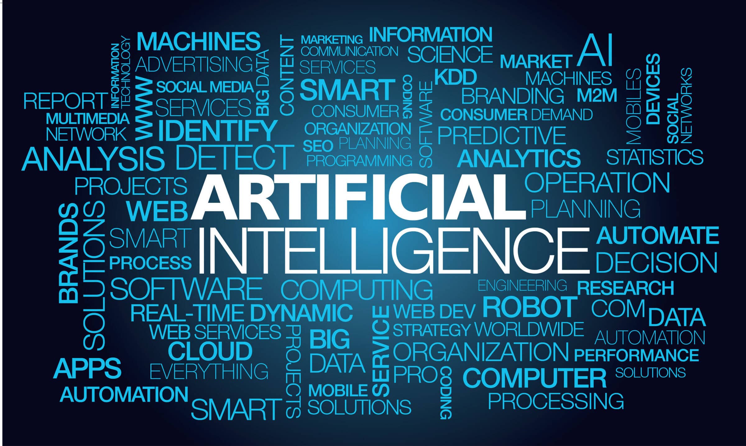Artificial intelligence (AI) words tag cloud text machines software Artificial intelligence (AI) words tag cloud text machines software