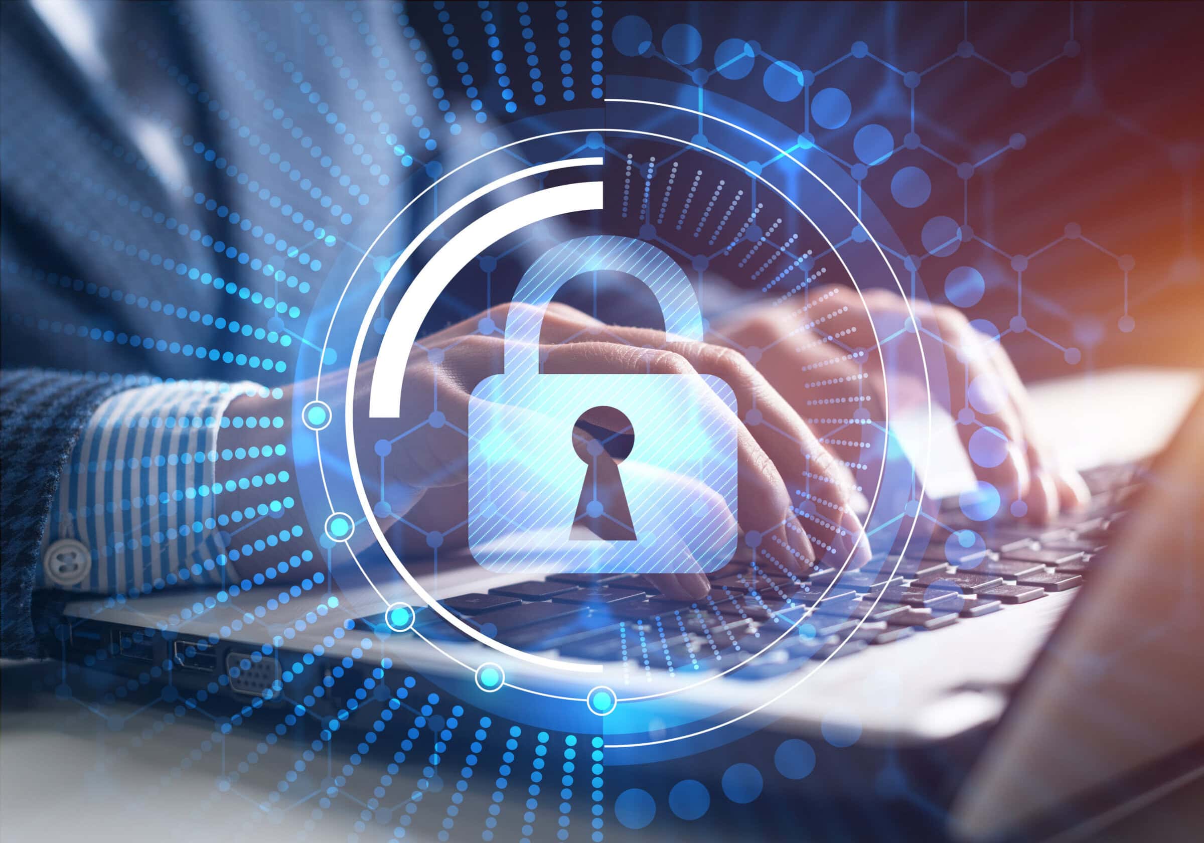 Digital cybersecurity and network protection Digital cybersecurity and network protection concept. Virtual locking mechanism to access shared resources. Interactive virtual control screen with padlock. Businessman working at laptop on background
