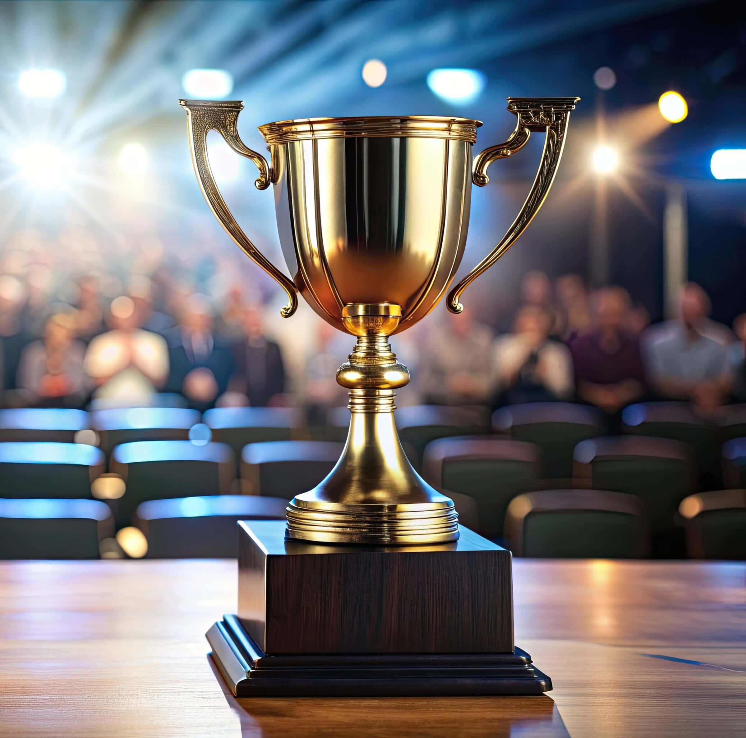 A trophy on table at awards ceremony in front of audience, trophy, table, awards, ceremony, audience, event
