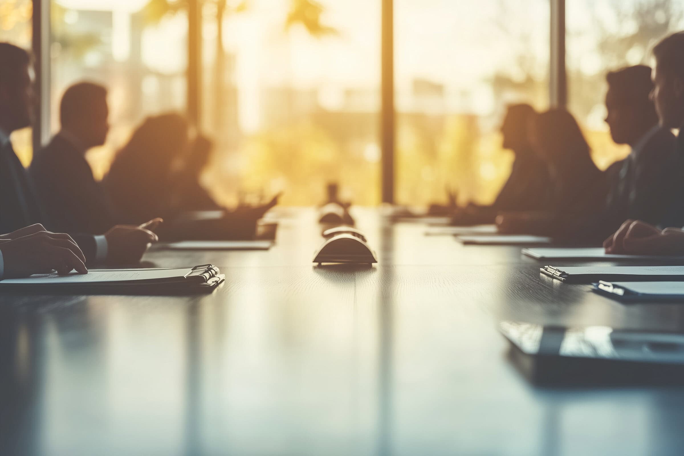 Point of view of chief executive officer in conference presentation, Meeting table with colleague and presentation information paper, Committed employee discussion in office.